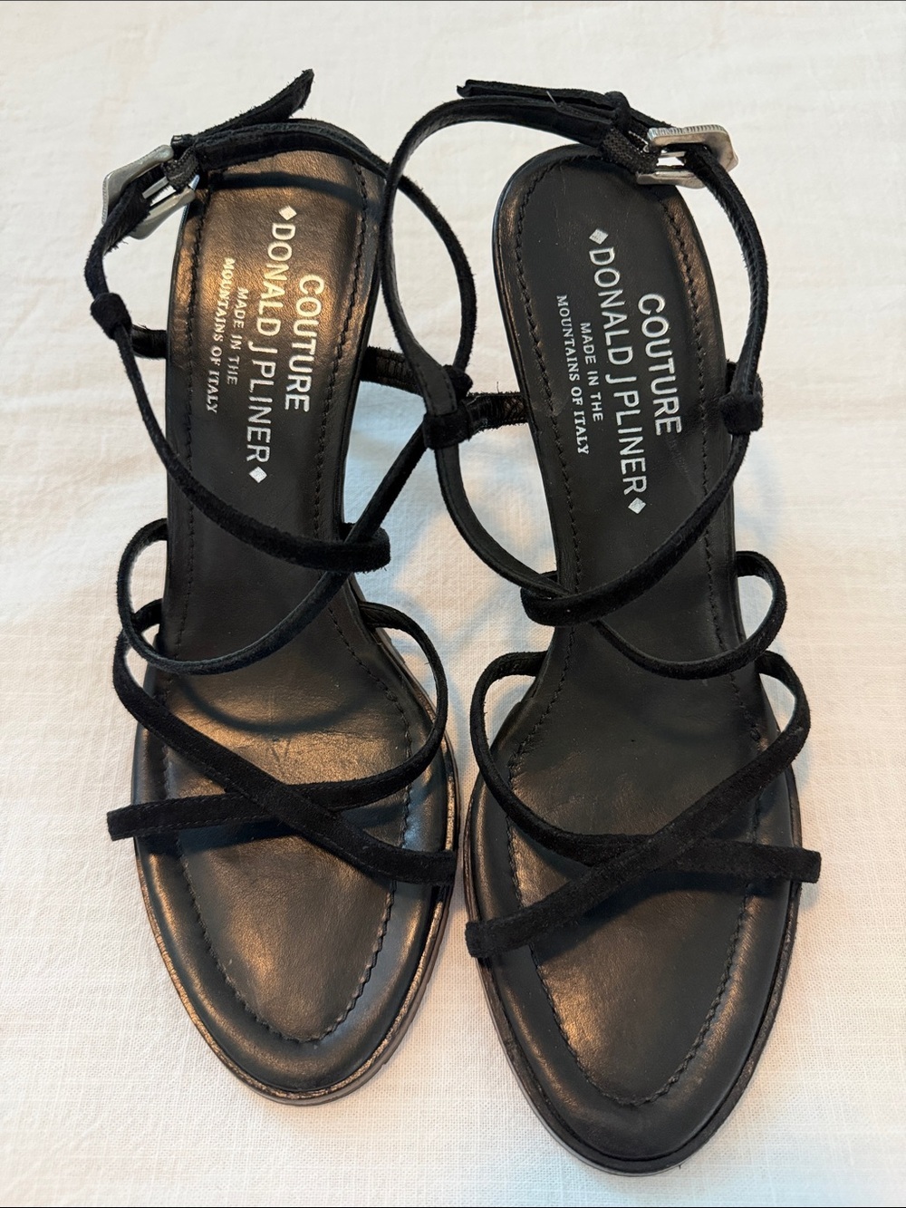 Donald J Pliner Couture Y2K Black Suede Strappy Heels Italy Size 8